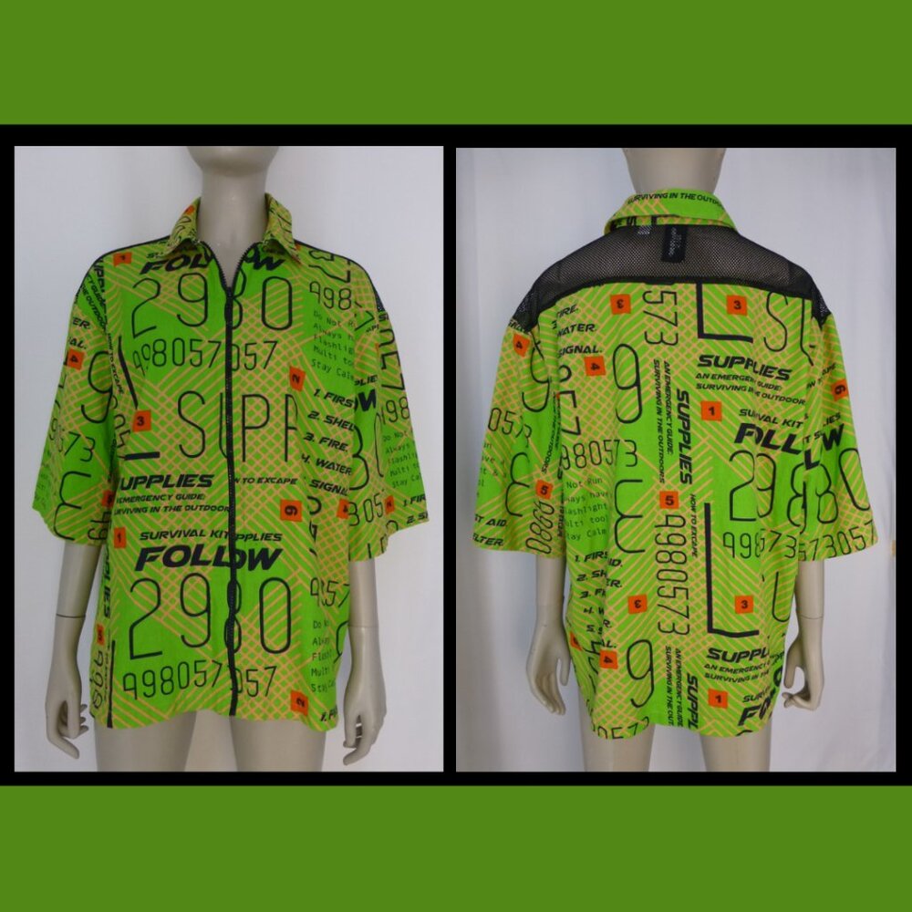 Collusion Short Sleeved All The Way Zip Up Green Printed All Over Shirt
